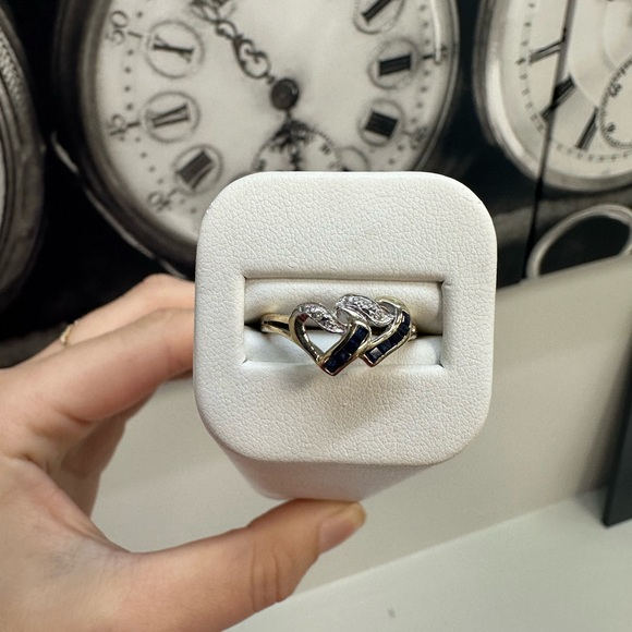 Vintage 10k Yellow Gold Sapphire and Diamond Heart Ring - Picture 4 of 6